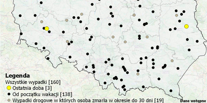 Mapa wypadków drogowych ze skutkiem śmiertelnym – WAKACJE 2019