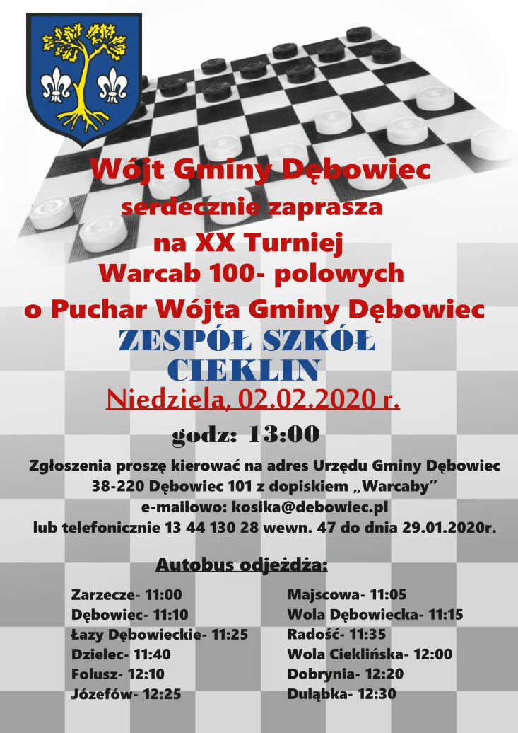 Zaproszenie na XX Turniej Warcab 100-polowych o puchar Wójta Gminy Dębowiec