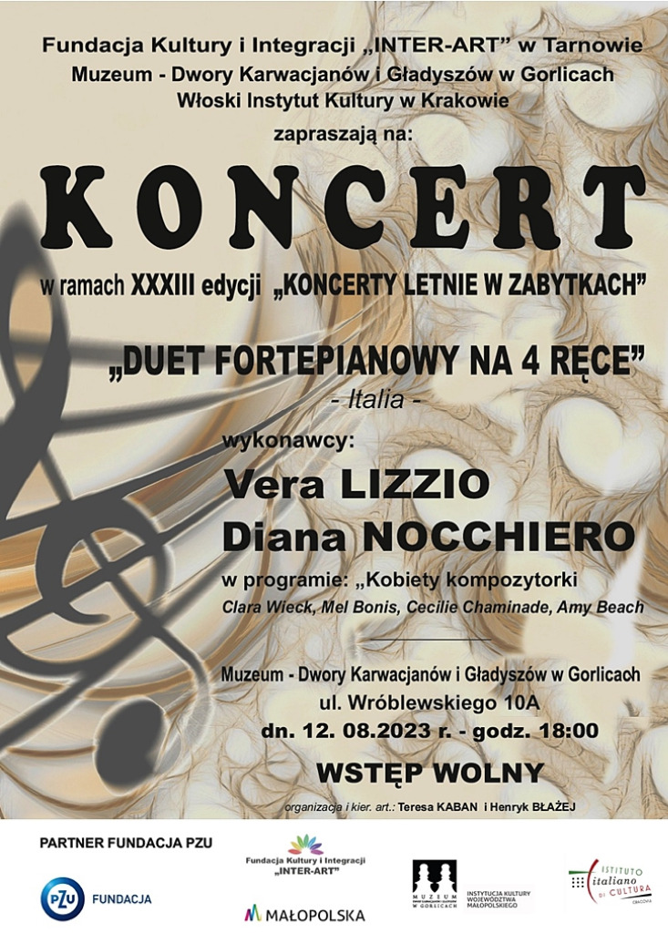 „DUET FORTEPIANOWY NA 4 RĘCE” Vera LIZZIO i Diana NOCCHIERO / KONCERT W DWORZE KARWACJANÓW