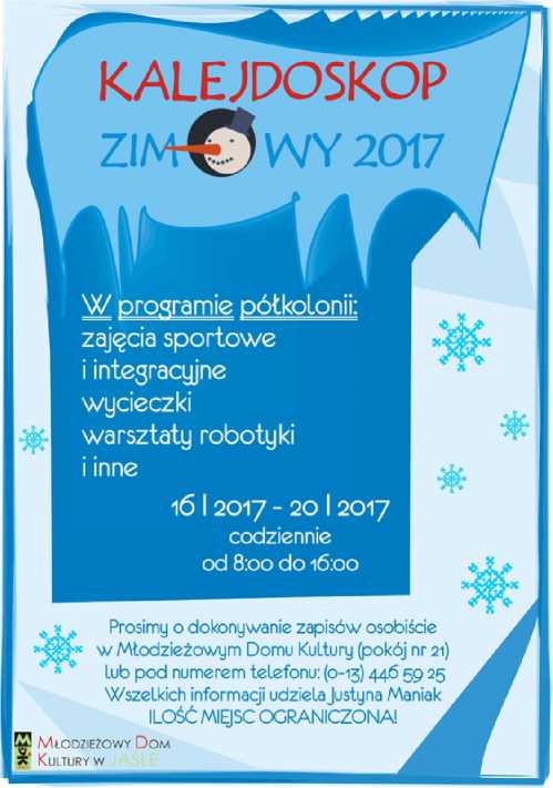 KALEJDOSKOP ZIMOWY 2017 – oferta półkolonii w MDK w Jaśle